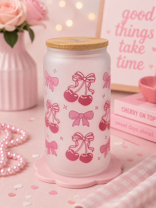 Cherries & Bows Frosted Glass Cup