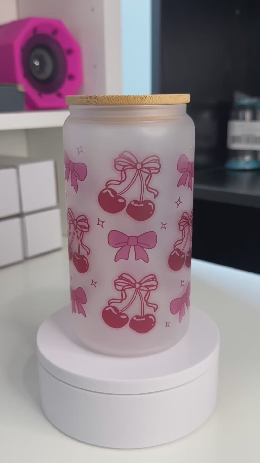 Cherries & Bows Frosted Glass Cup